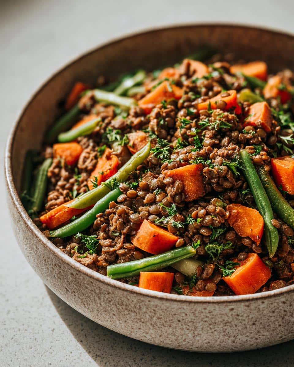 A bowl of Turkey & Lentil Balanced Dog Meal with carrots, green beans, and herbs.