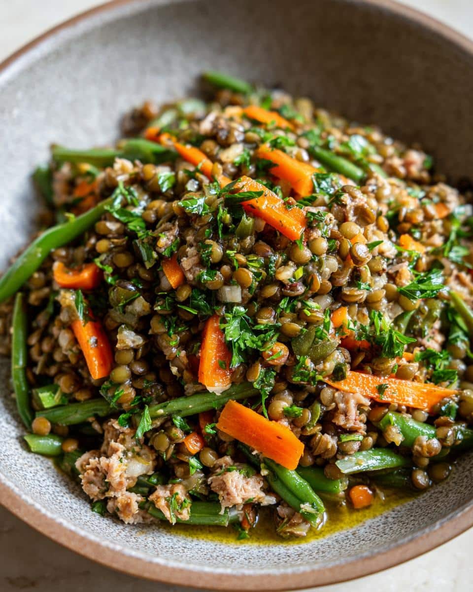 A bowl of Turkey & Lentil Balanced Dog Meal with carrots, green beans, and lentils, garnished with parsley.