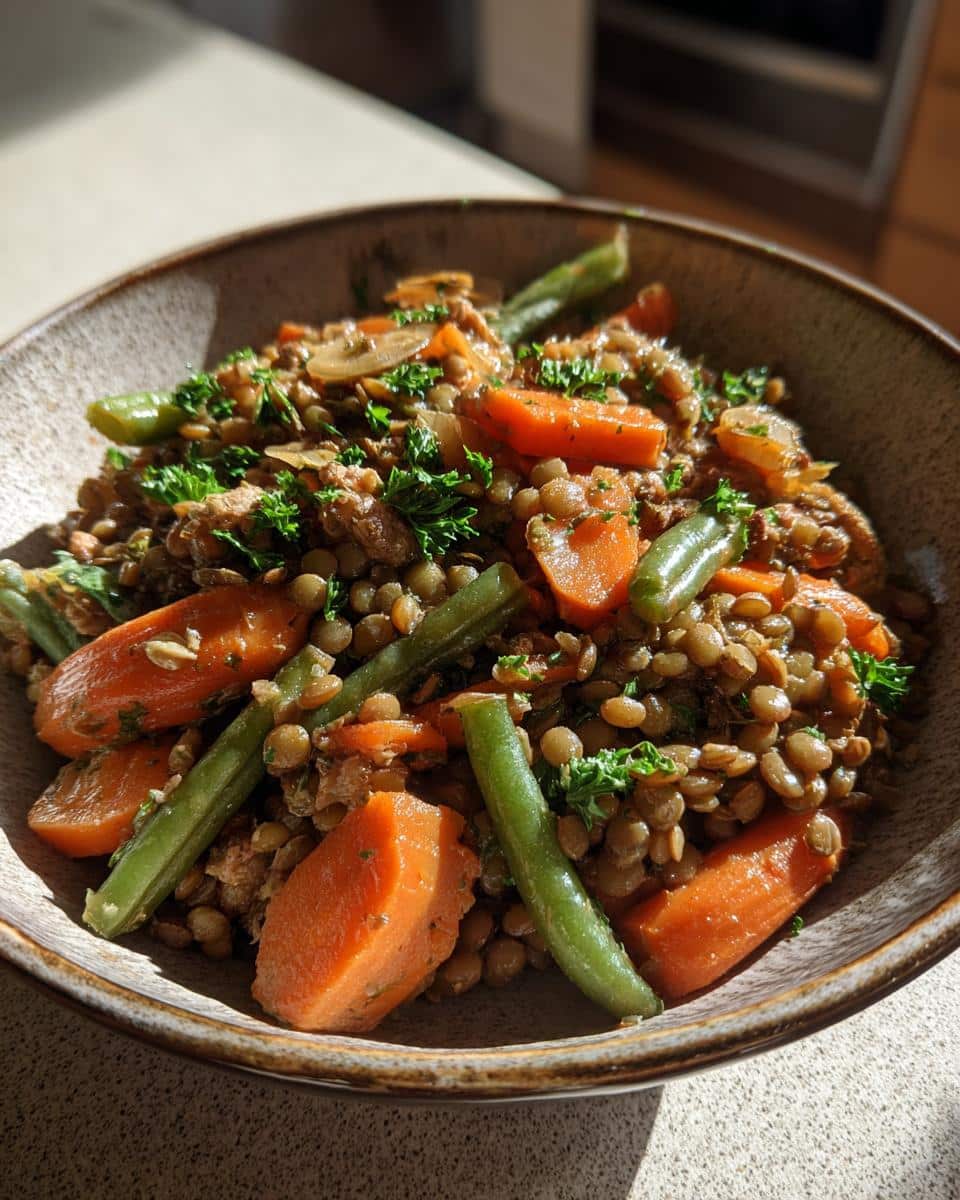 A bowl of Turkey & Lentil Balanced Dog Meal with carrots, green beans, and lentils, garnished with parsley.