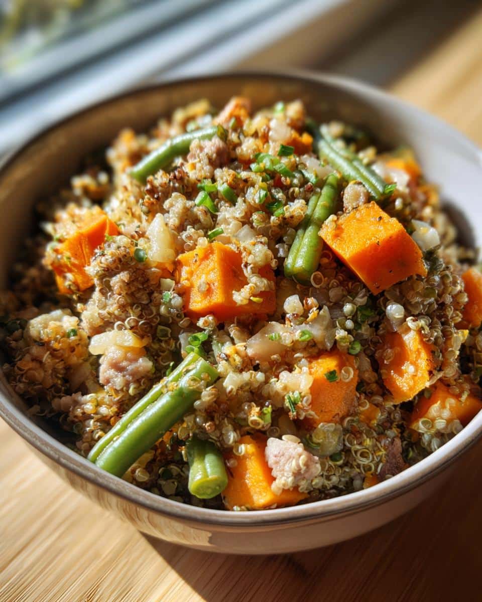 Bowl of Turkey & Quinoa Digestive Health Recipe for Dogs, featuring turkey, quinoa, sweet potato, and green beans.