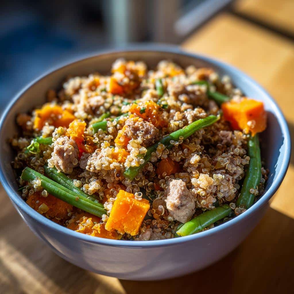 Bowl of Turkey & Quinoa Digestive Health Recipe for Dogs with butternut squash and green beans.