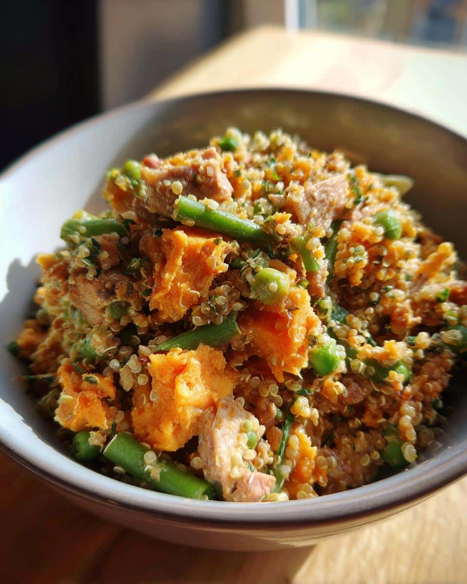 Bowl of Turkey & Quinoa Digestive Health Recipe for Dogs with sweet potato, green beans, and peas.