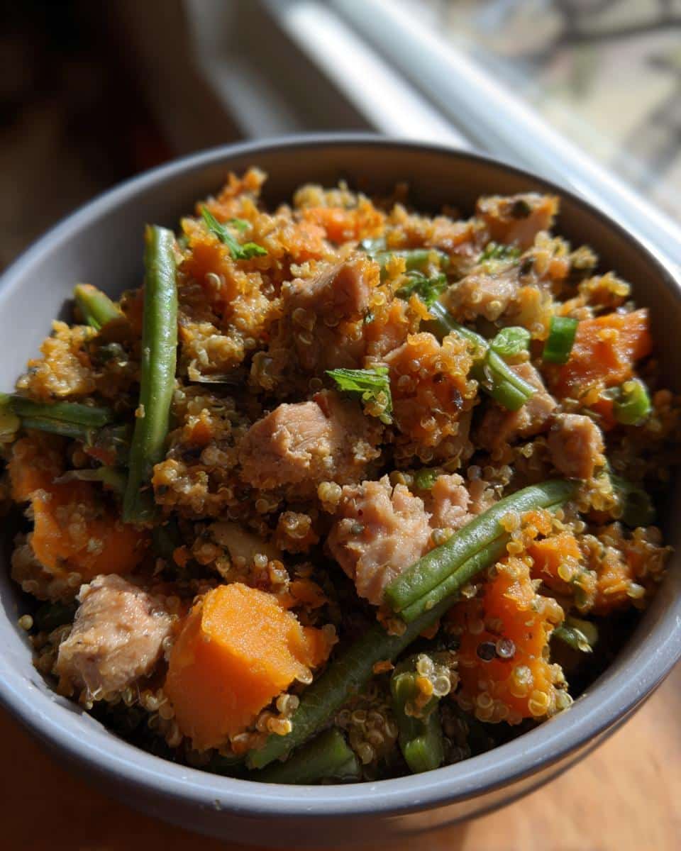 Bowl of Turkey & Quinoa Digestive Health Recipe for Dogs, featuring turkey, quinoa, green beans, and sweet potato.