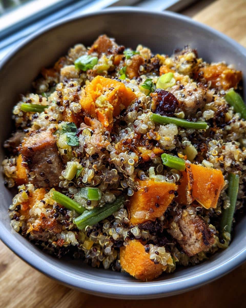 A bowl of Turkey & Quinoa Digestive Health Recipe for Dogs, featuring turkey, quinoa, sweet potato, and green beans.
