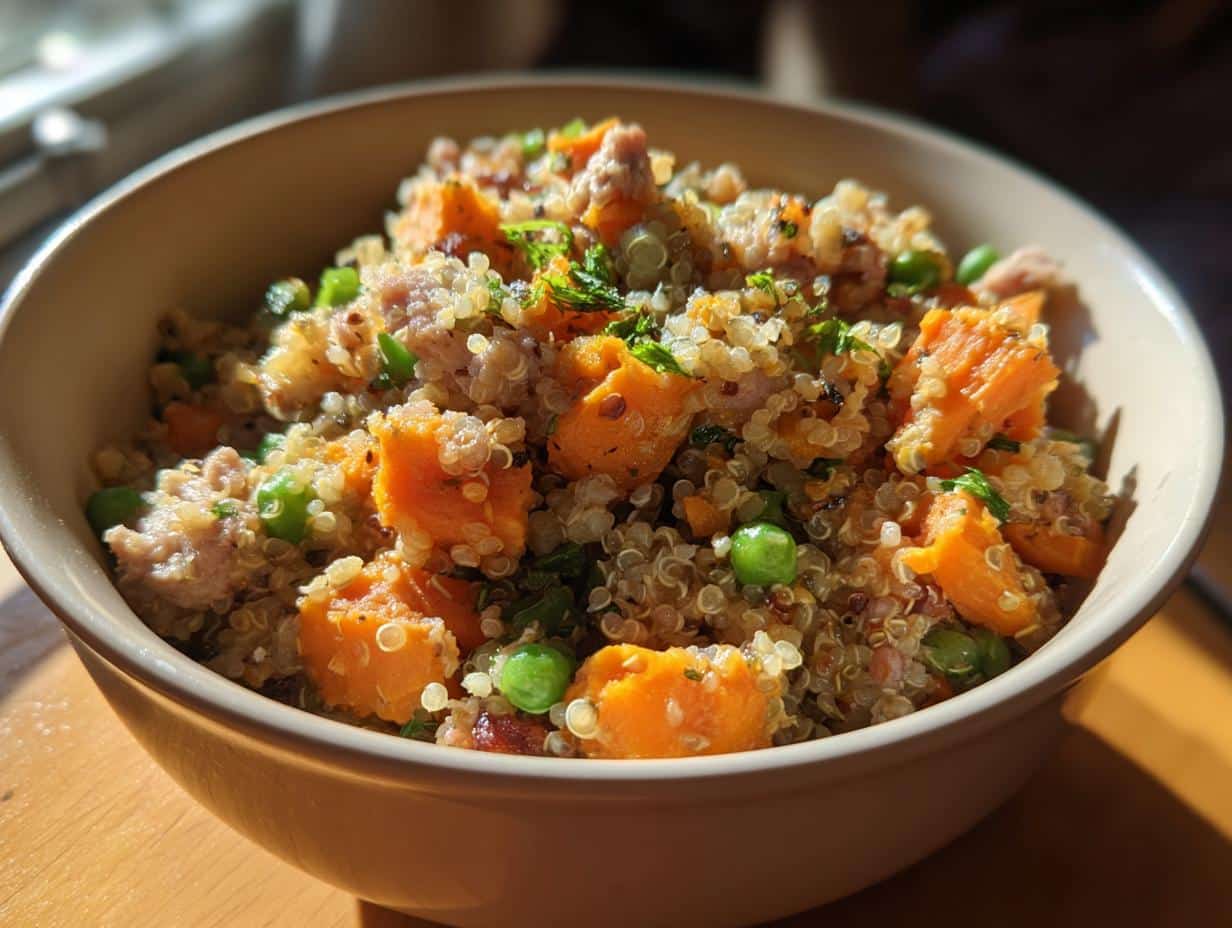 Bowl of Turkey & Quinoa Digestive Health Recipe for Dogs, featuring turkey, quinoa, sweet potato, and peas.