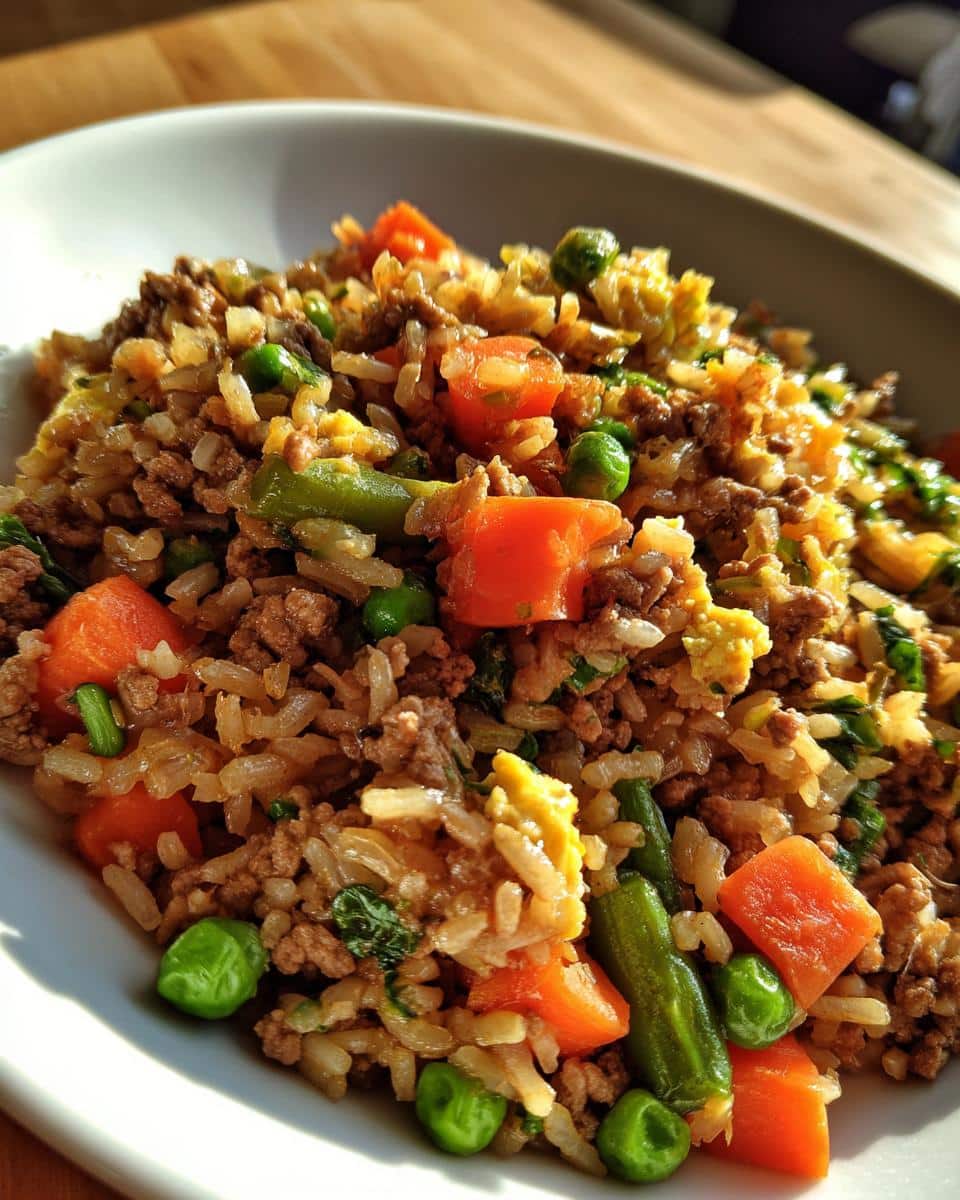 A bowl of Best Homemade Turkey & Rice Dog Recipe, featuring rice, turkey, carrots, peas, and green beans.