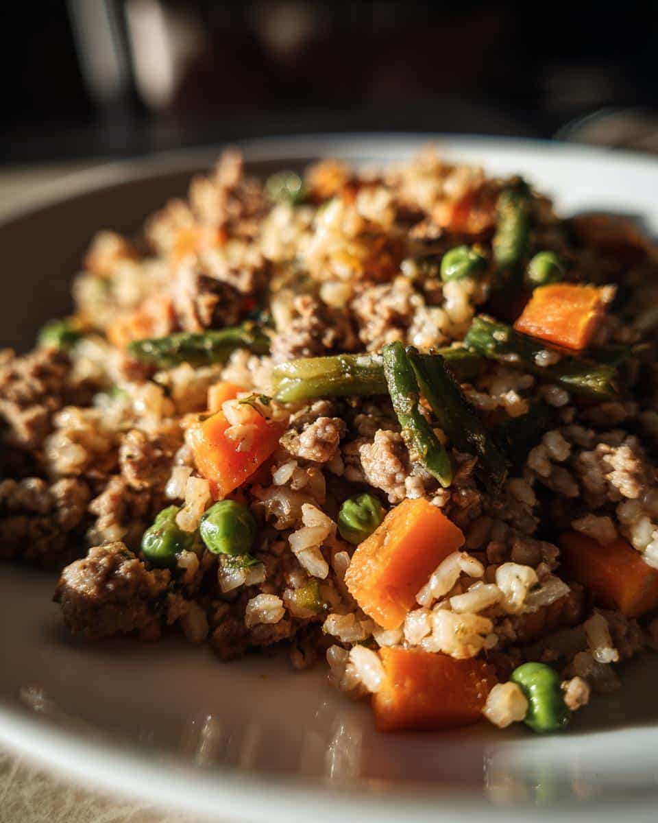 A plate of Best Homemade Turkey & Rice Dog Recipe, featuring turkey, rice, carrots, peas, and green beans.