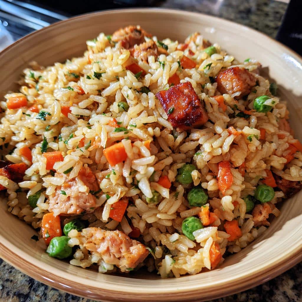 A bowl of 3-Step Turkey & Rice Homemade Dog Food with carrots and peas.