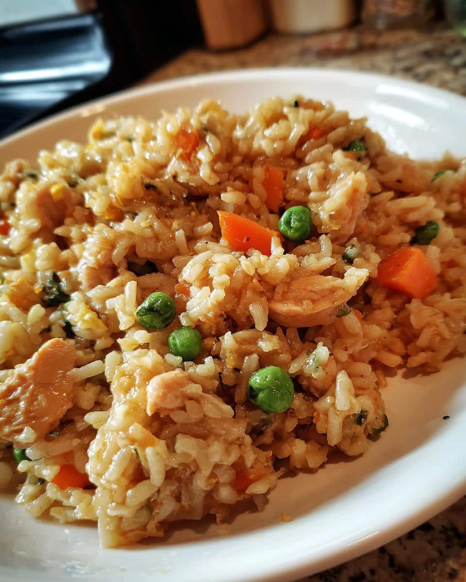 A plate of 3-Step Turkey & Rice Homemade Dog Food with turkey, rice, carrots, and peas.