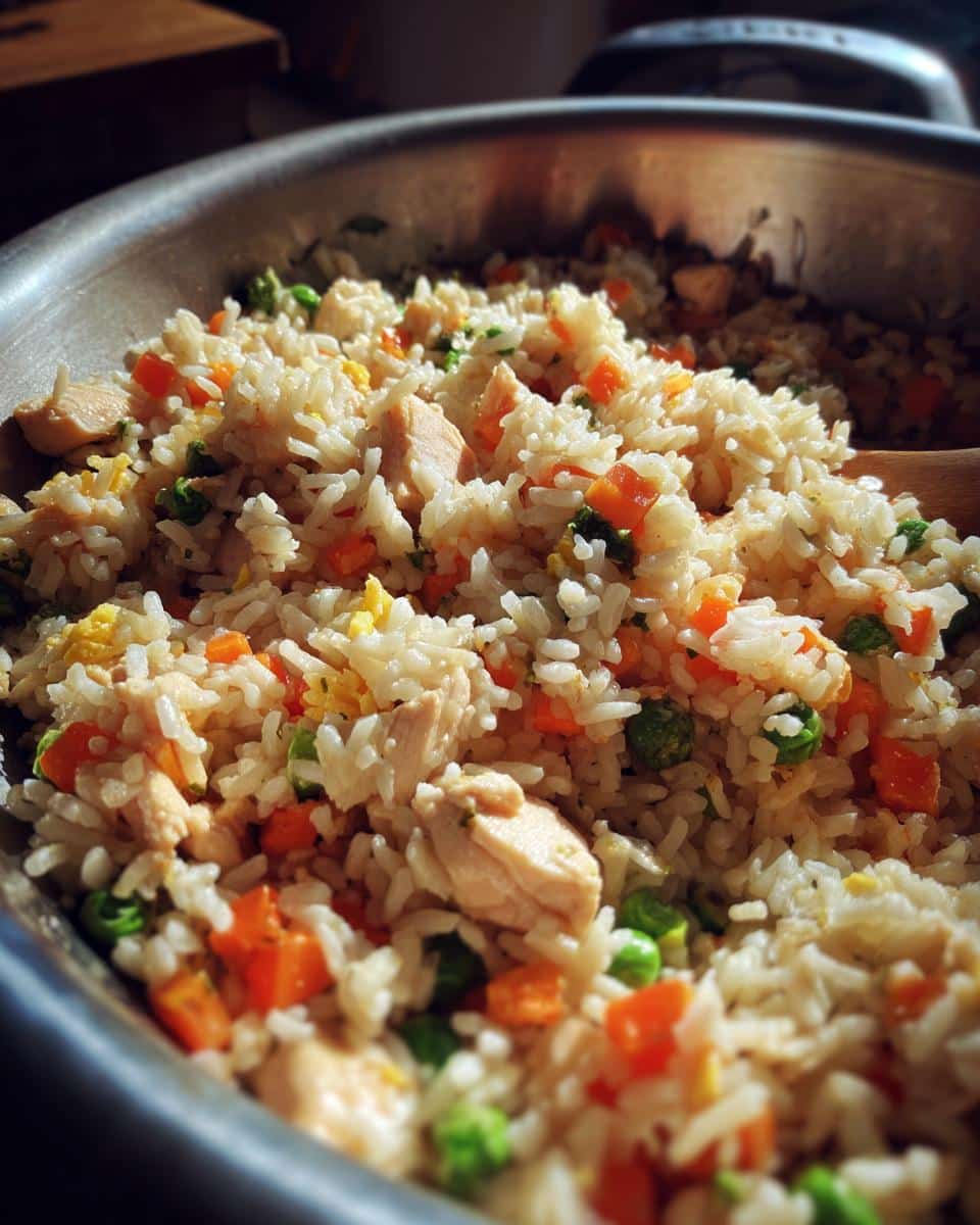 Close-up of 3-Step Turkey & Rice Homemade Dog Food in a metal bowl, featuring turkey, rice, carrots and peas.