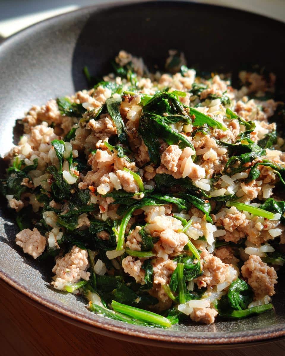 A bowl of homemade Turkey & Spinach Weight-Control Dog Meal, featuring ground turkey, spinach, and rice.