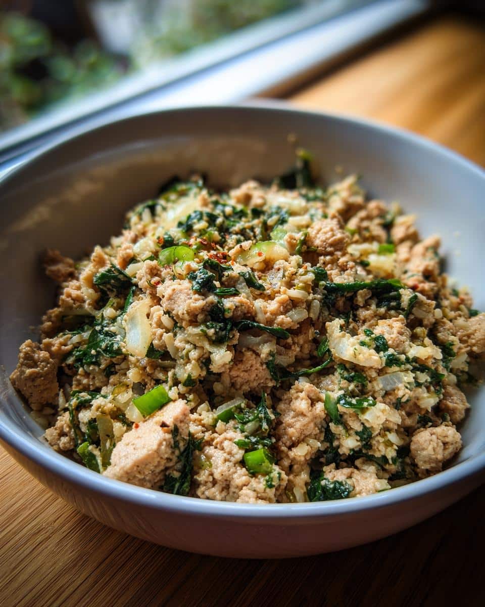 A bowl of homemade Turkey & Spinach Weight-Control Dog Meal, featuring ground turkey, spinach, and rice.