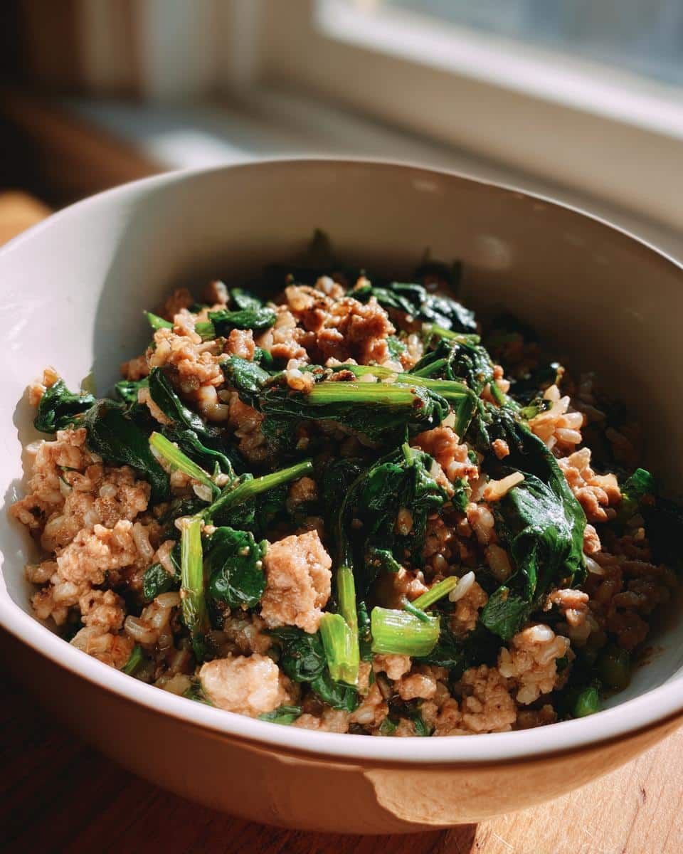 Bowl of Turkey & Spinach Weight-Control Dog Meal, featuring ground turkey and fresh spinach.