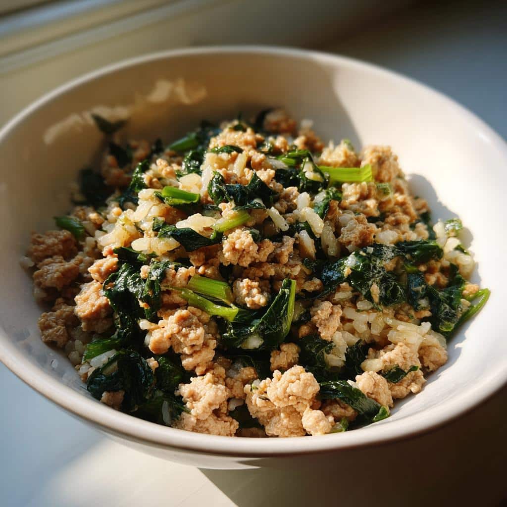 A bowl of Turkey & Spinach Weight-Control Dog Meal, featuring ground turkey, spinach, and rice.