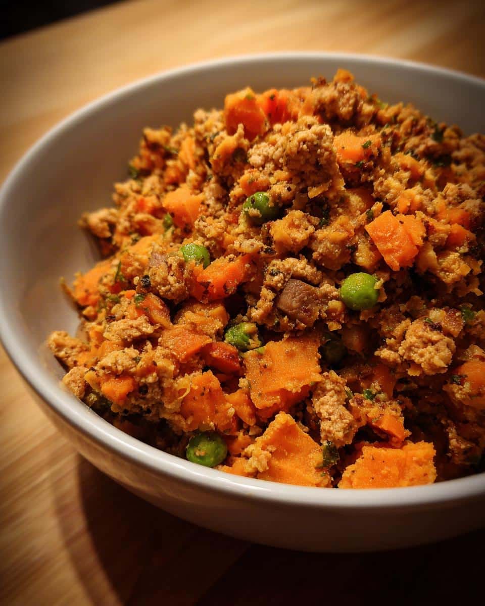 A bowl of homemade Vet-Approved Turkey & Sweet Potato Dog Food with peas and other healthy ingredients.