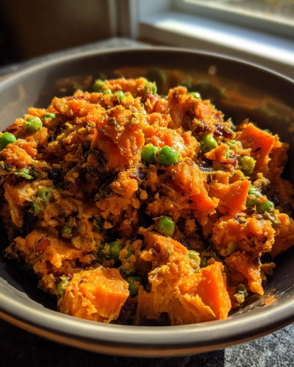 Bowl of homemade Vet-Approved Turkey & Sweet Potato Dog Food with peas, ready to serve.
