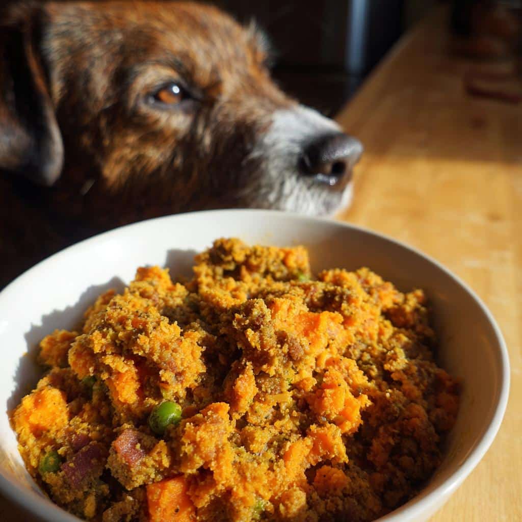A bowl of vet-approved turkey & sweet potato dog food with a dog looking at it expectantly.