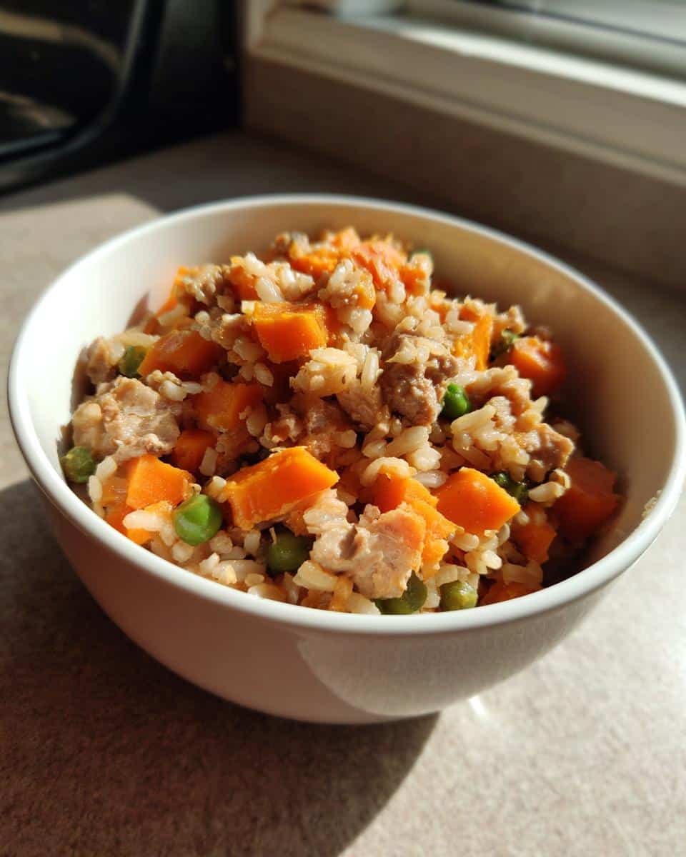 A bowl of Top-Rated Turkey & Sweet Potato Dog Recipe, featuring turkey, sweet potato, rice, and peas.