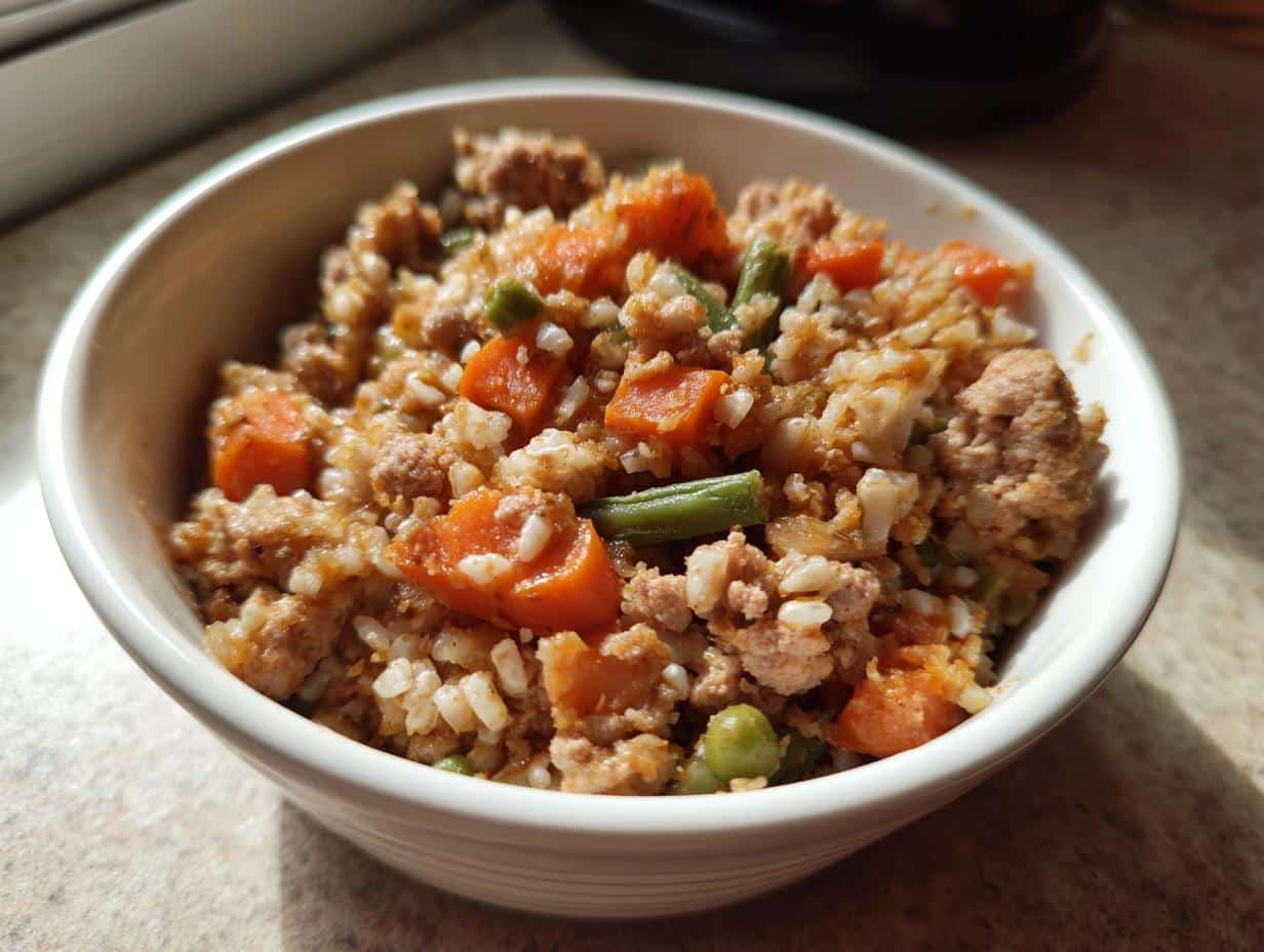 A bowl of top-rated Turkey & Sweet Potato Dog Recipe, featuring ground turkey, sweet potatoes, and green beans.