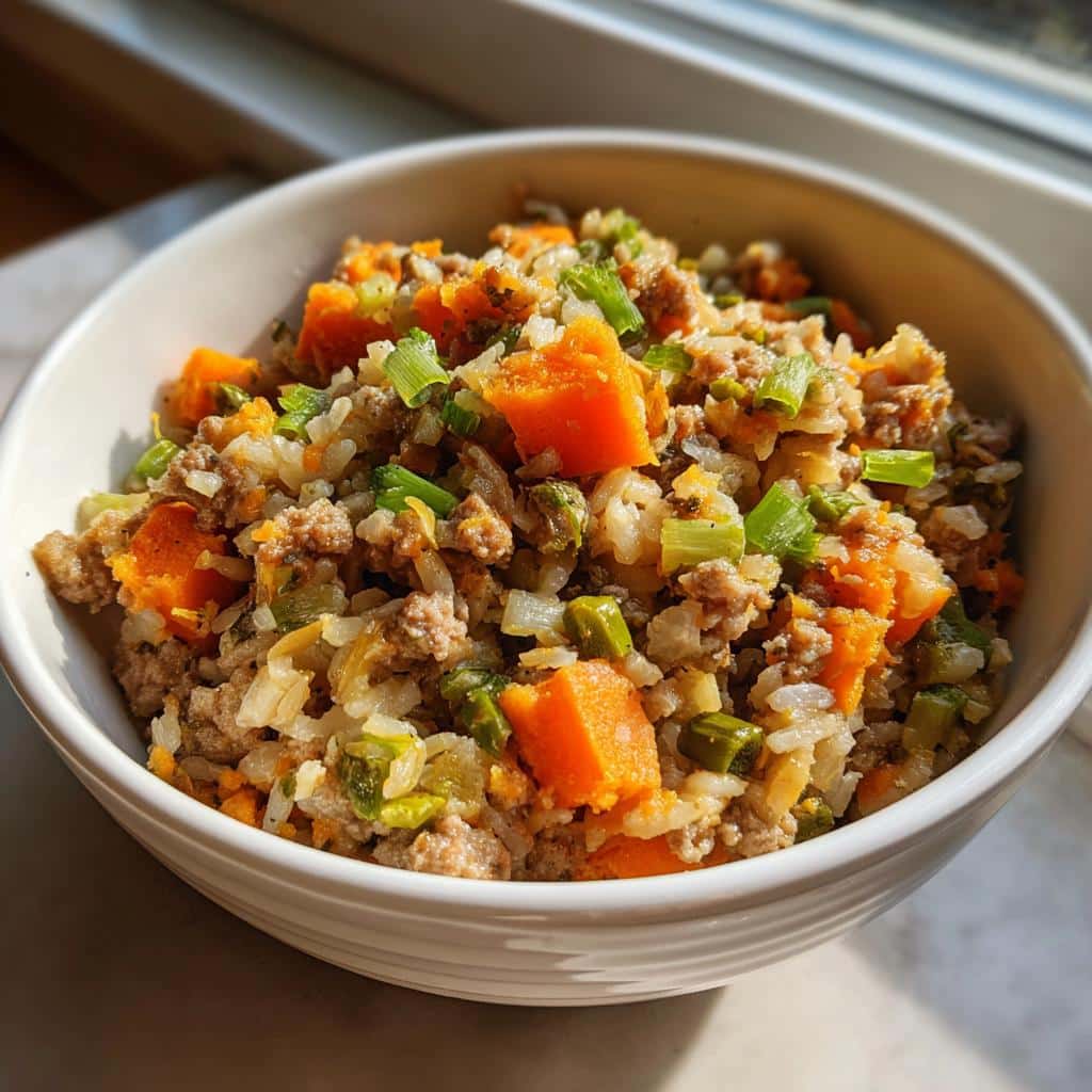 A bowl of Top-Rated Turkey & Sweet Potato Dog Recipe, featuring turkey, sweet potato, rice, and green vegetables.