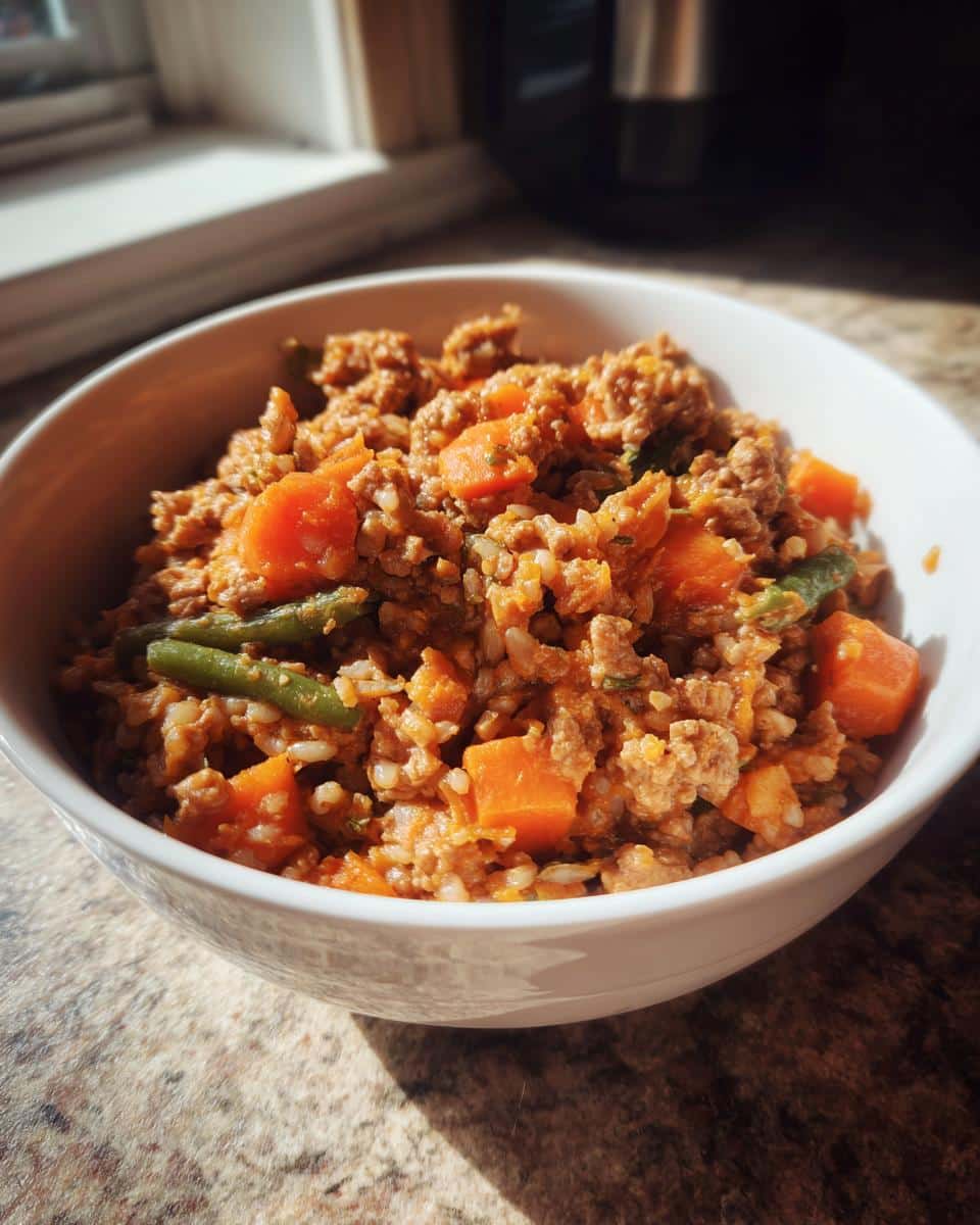 Bowl of Top-Rated Turkey & Sweet Potato Dog Recipe, featuring ground turkey, sweet potatoes, and green beans.