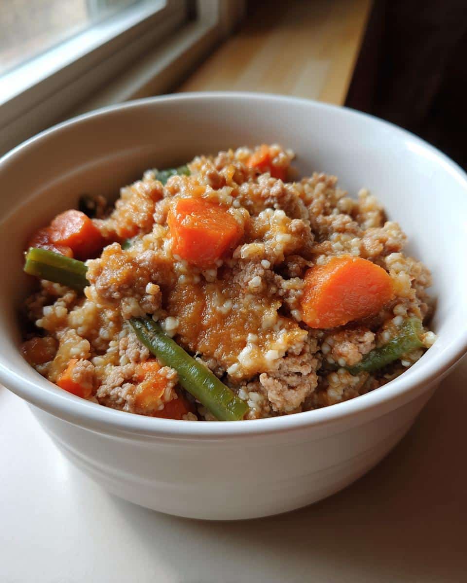 Bowl of Top-Rated Turkey & Sweet Potato Dog Recipe with visible turkey, sweet potato, carrots, and green beans.