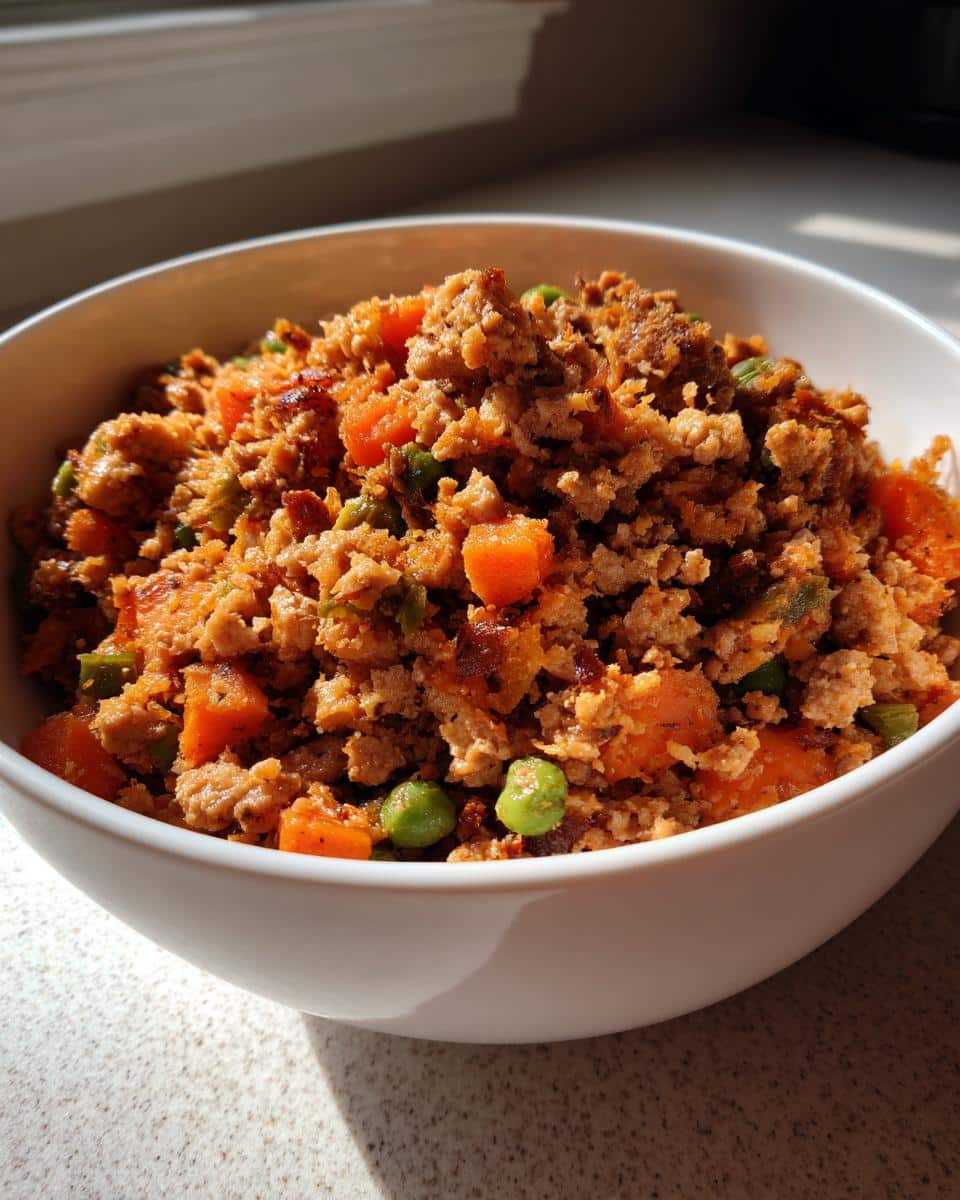 Bowl of Top-Rated Turkey & Sweet Potato Dog Recipe, featuring visible turkey, sweet potato, and peas.