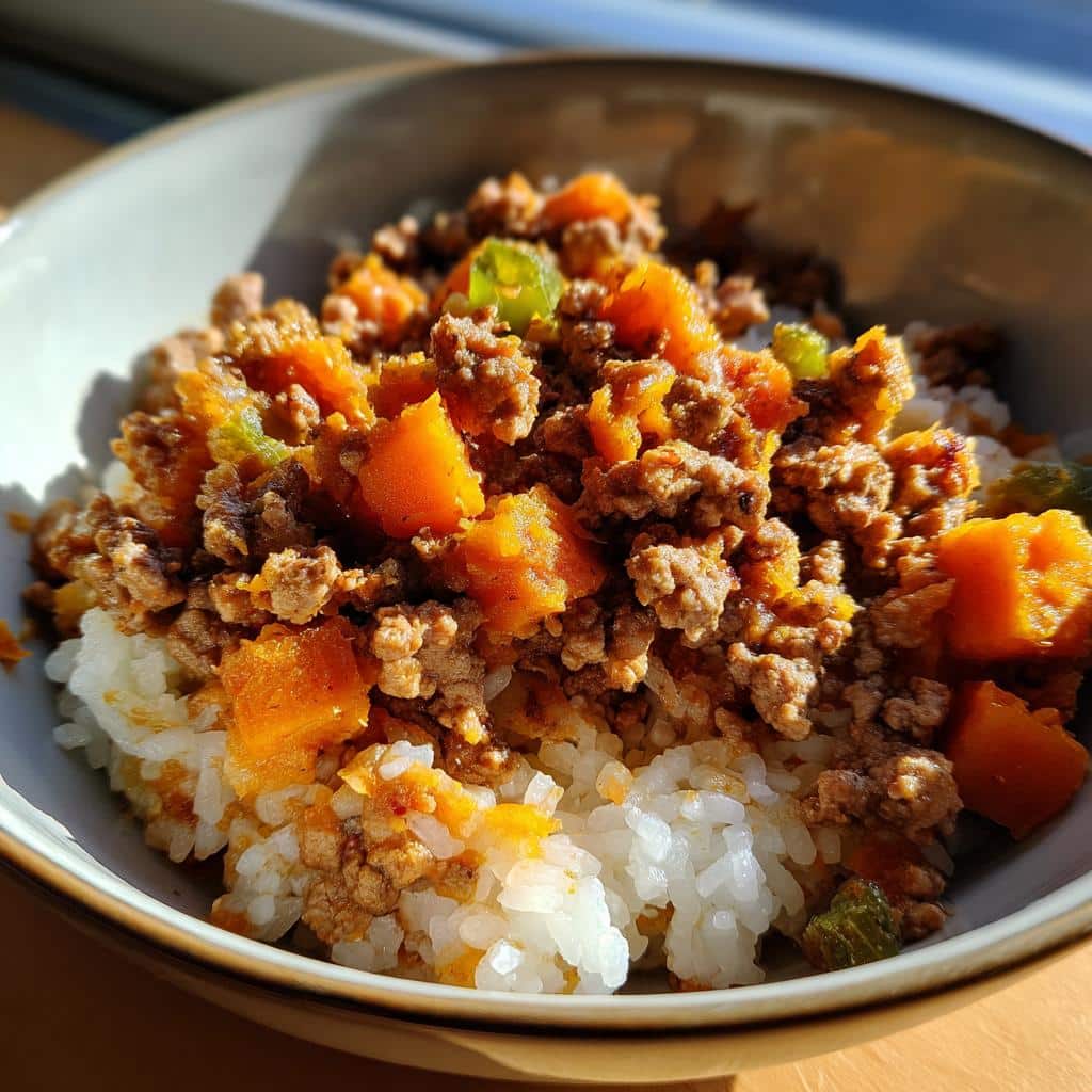 Bowl of Turkey & Sweet Potato Puppy Meal with rice, turkey, sweet potato, and green bell peppers.
