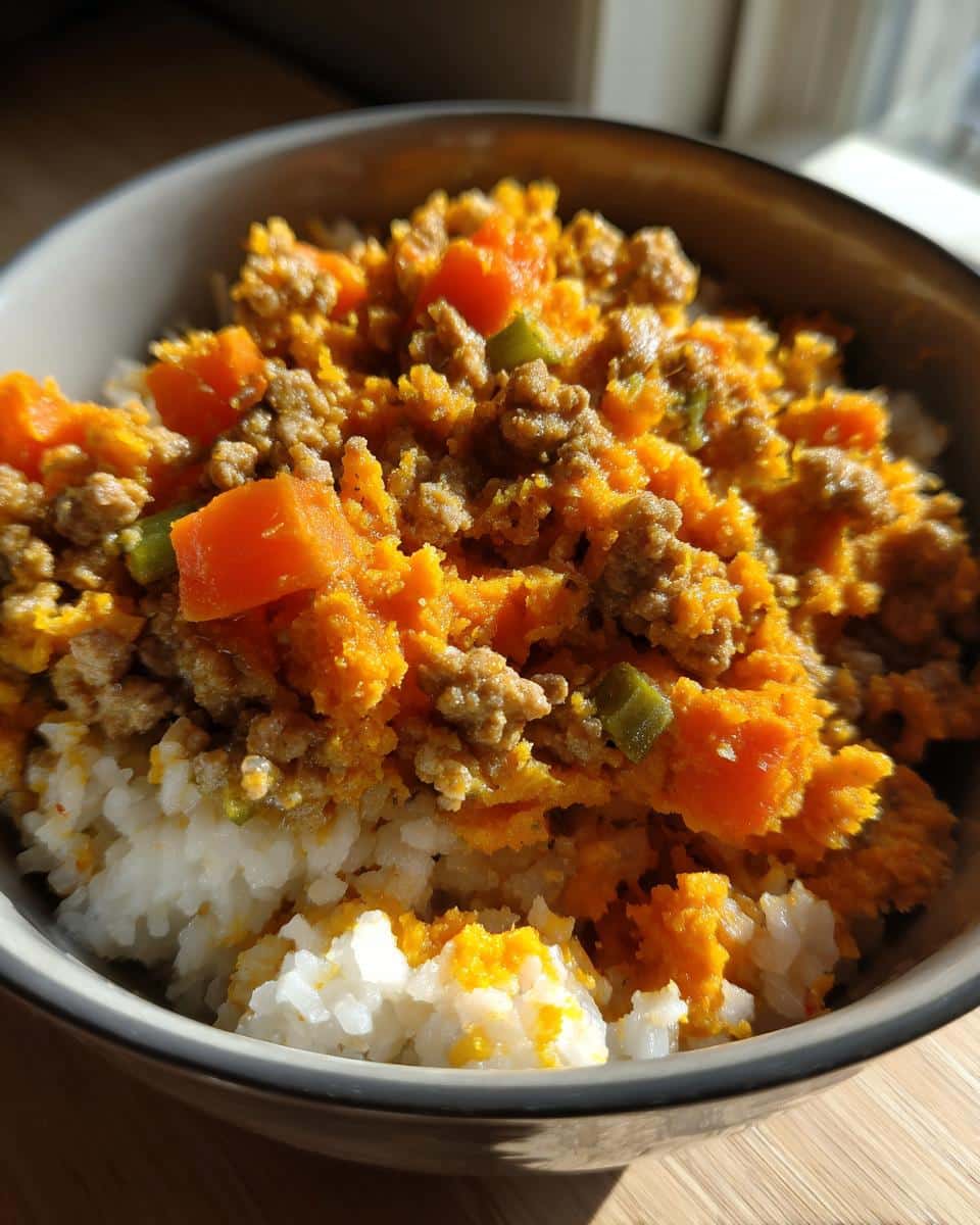 Bowl of Turkey & Sweet Potato Puppy Meal with rice, turkey, sweet potato, and green vegetables.
