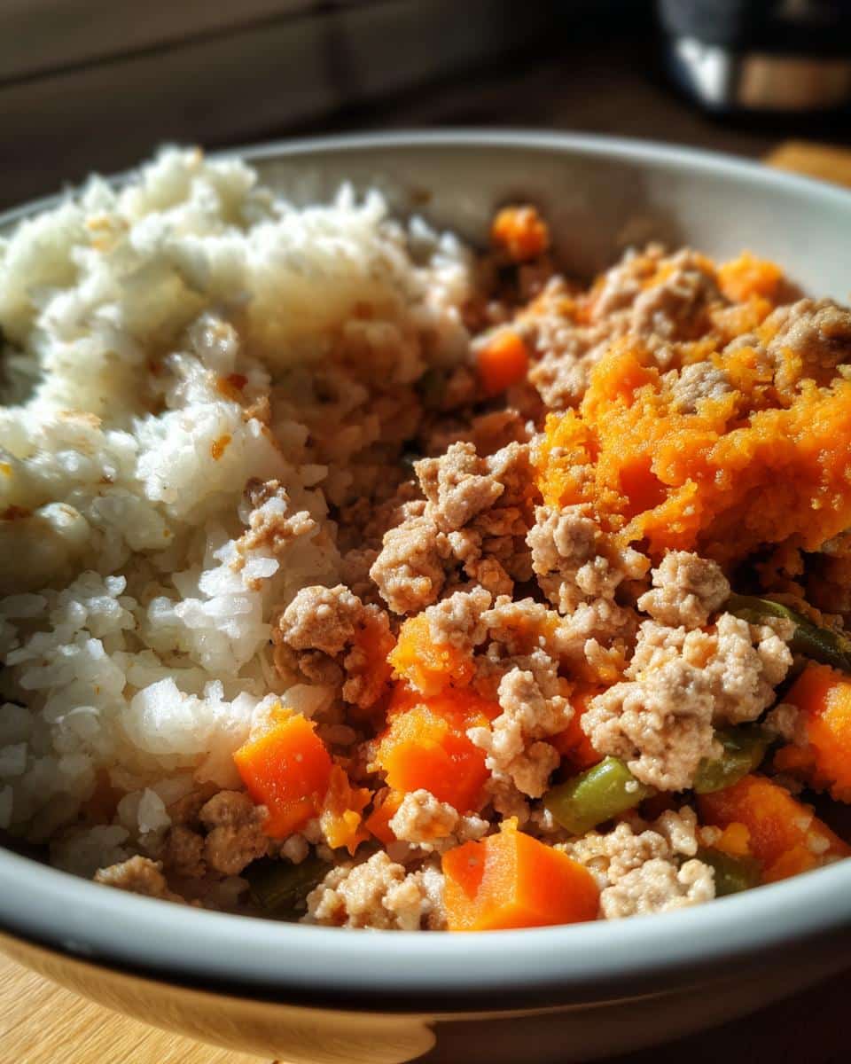 A bowl of Turkey & Sweet Potato Puppy Meal, featuring rice, ground turkey, and diced sweet potatoes.