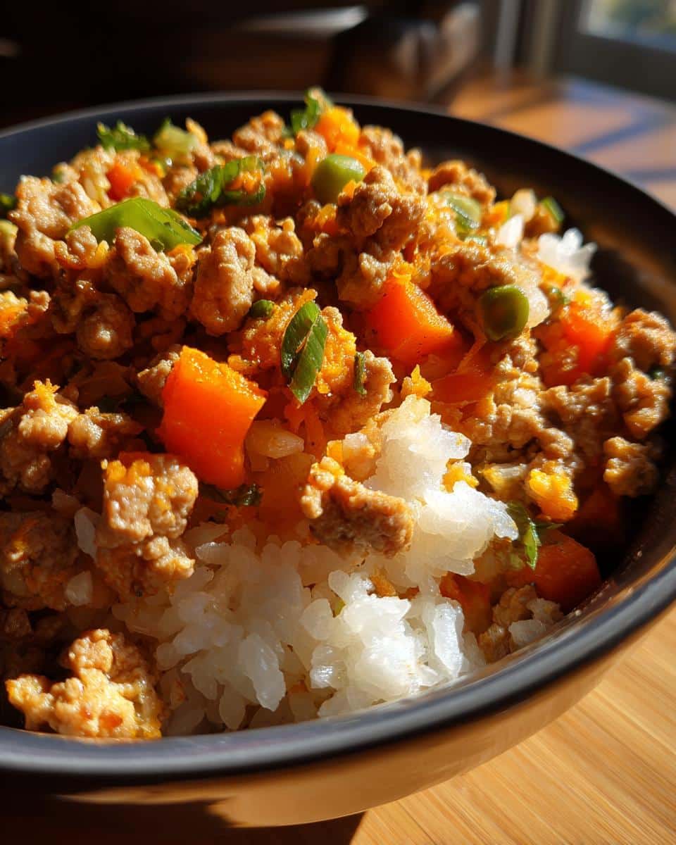 A bowl of Turkey & Sweet Potato Puppy Meal with rice, turkey, sweet potato, and green peas.