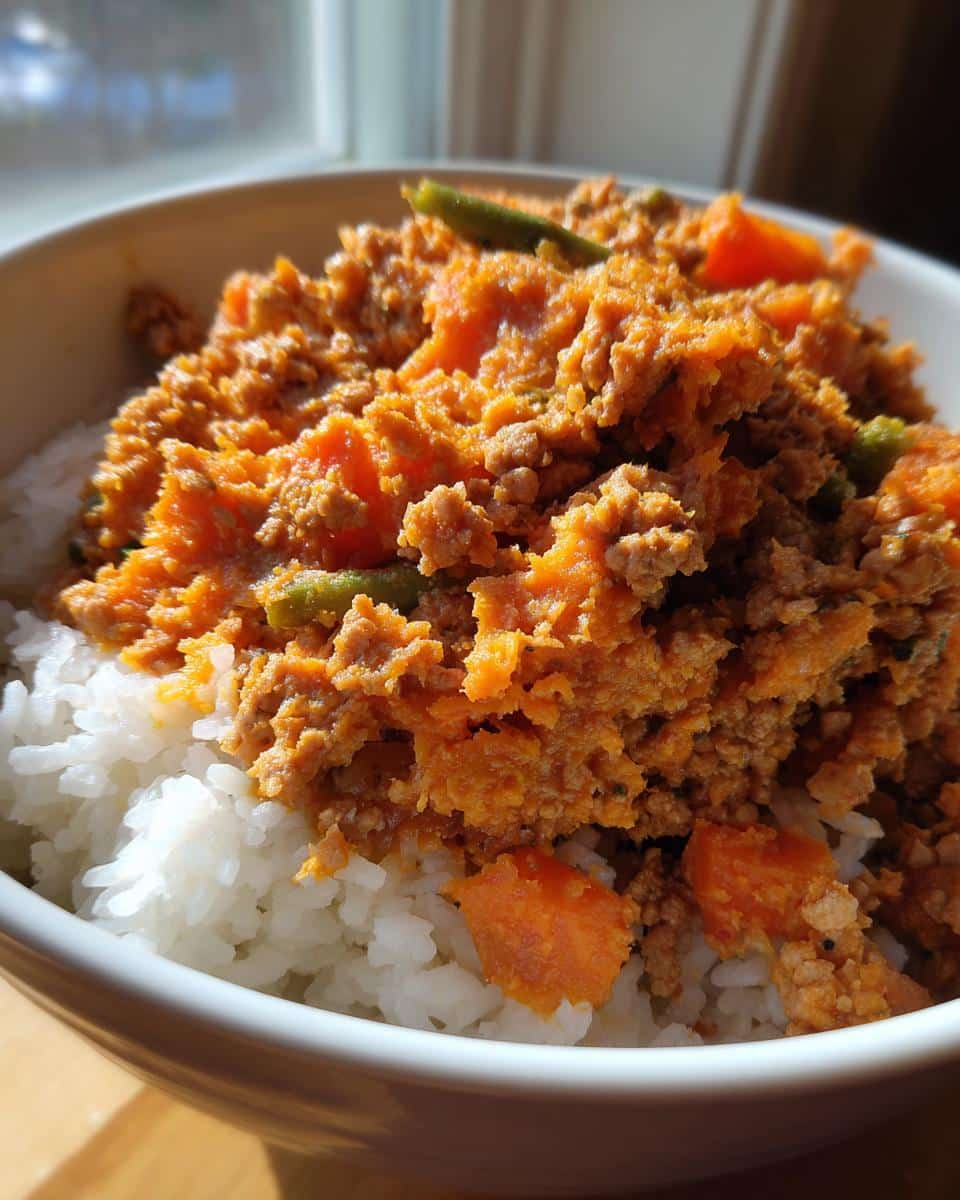Bowl of Turkey & Sweet Potato Puppy Meal with rice, sweet potato, turkey, and green beans.