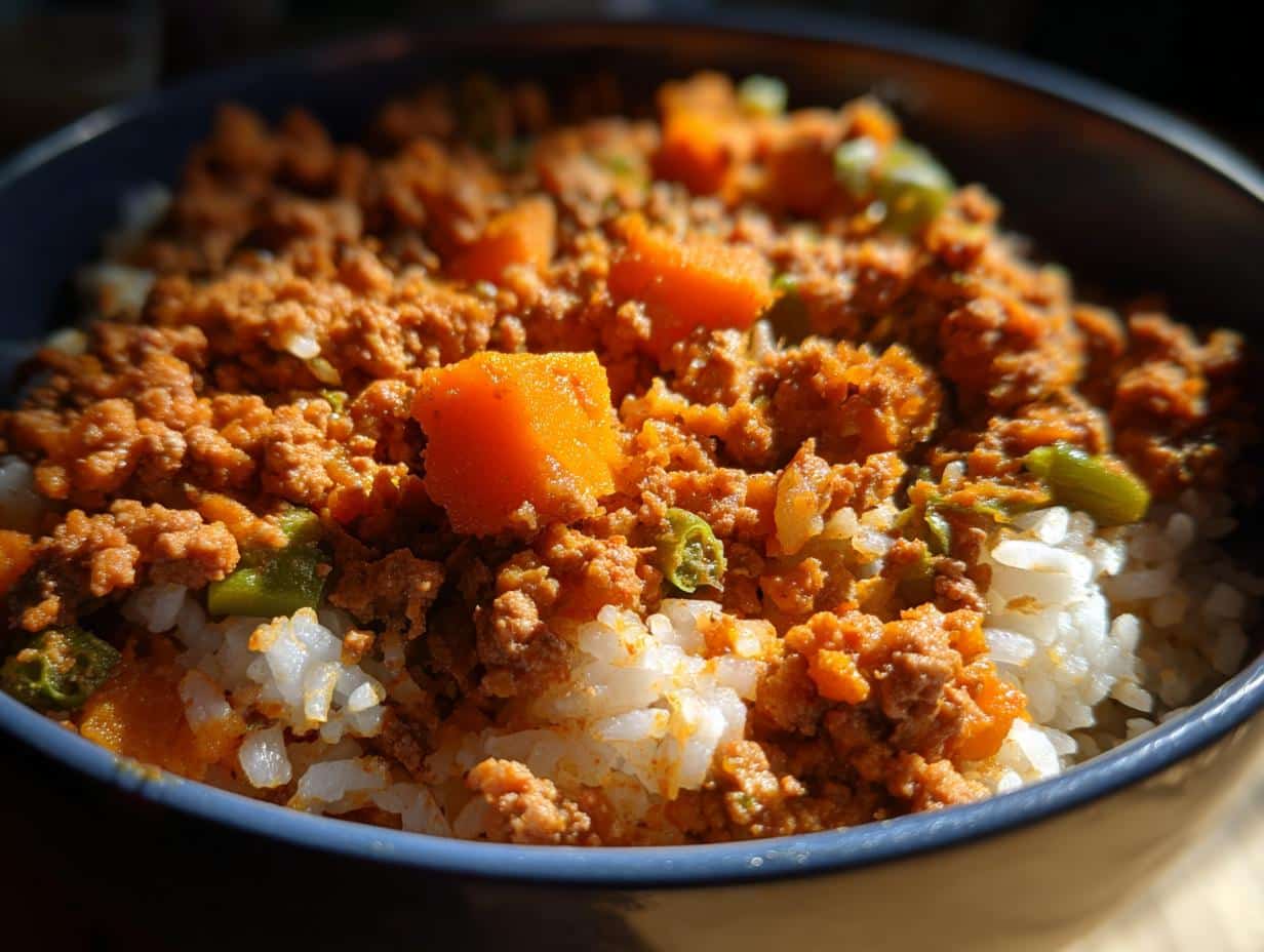Bowl of homemade Turkey & Sweet Potato Puppy Meal, featuring rice, ground turkey, and diced sweet potatoes.