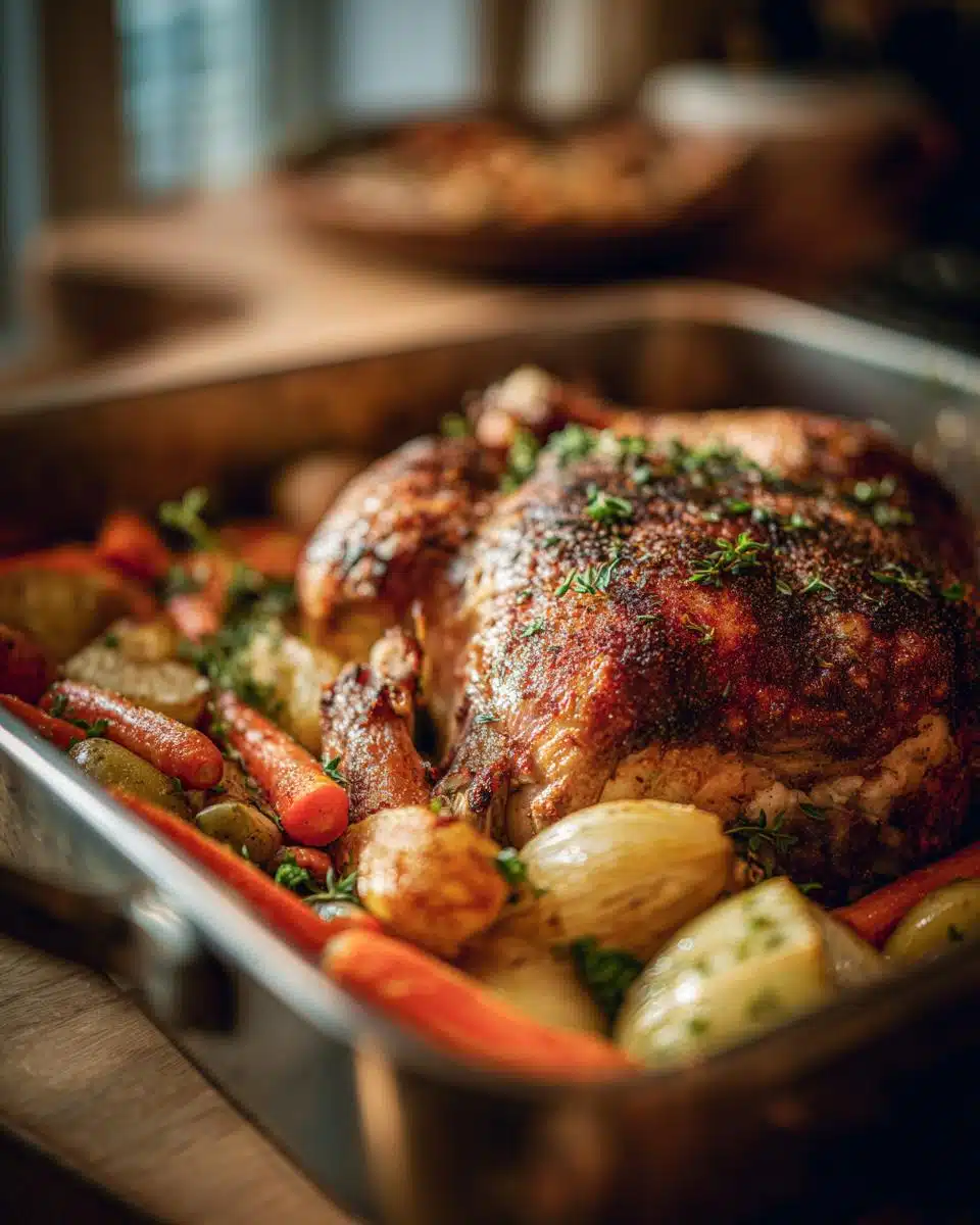 Roasted Simple Turkey & Veggie Homemade Dog Dinner with carrots, potatoes, and onions in a baking pan.