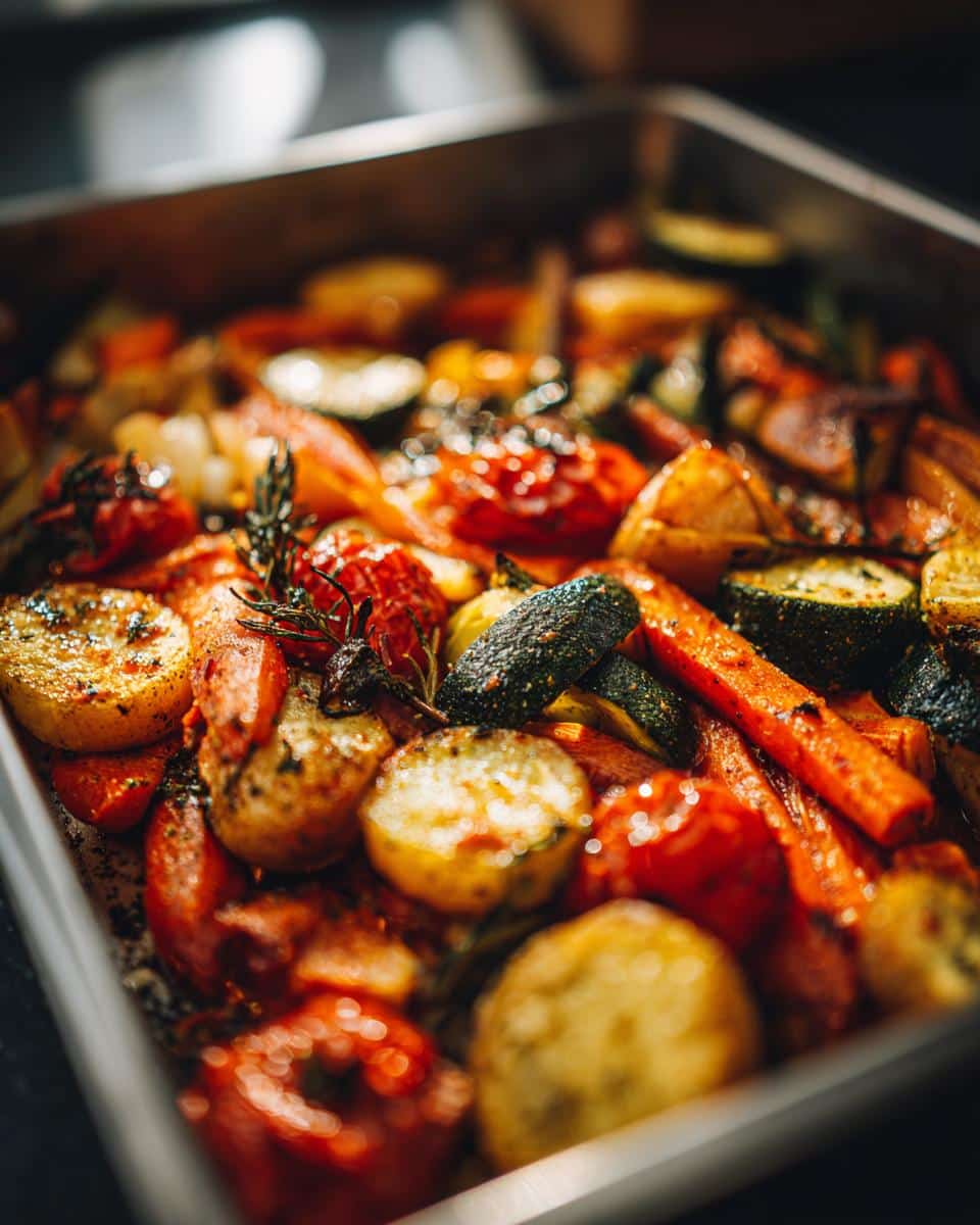 Roasted vegetables including carrots, zucchini, tomatoes, and potatoes for a Simple Turkey & Veggie Dog Dinner.