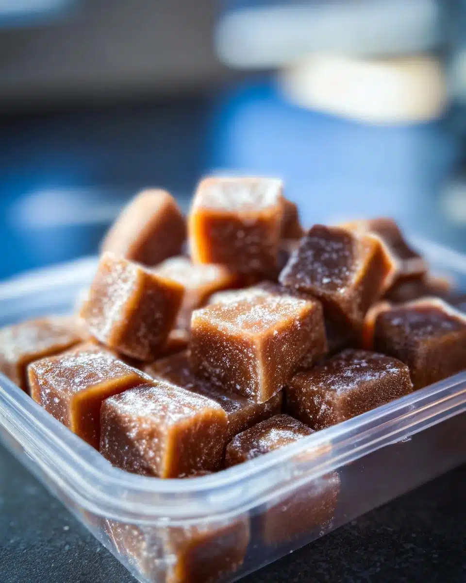 Close-up of a container filled with vet-approved chicken liver protein boost cubes.