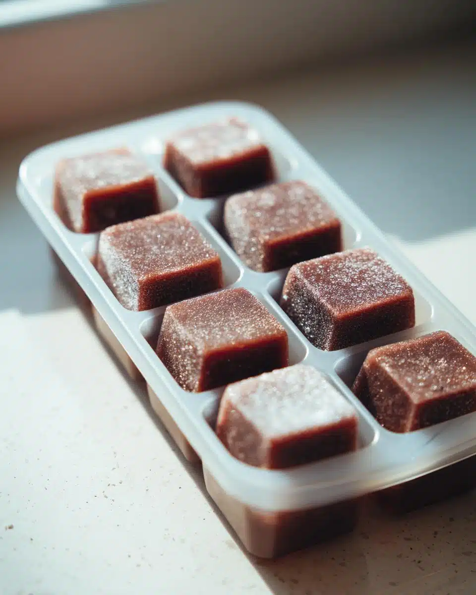 Frozen Vet-Approved Chicken Liver Protein Boost cubes in a plastic ice cube tray, ready to serve.