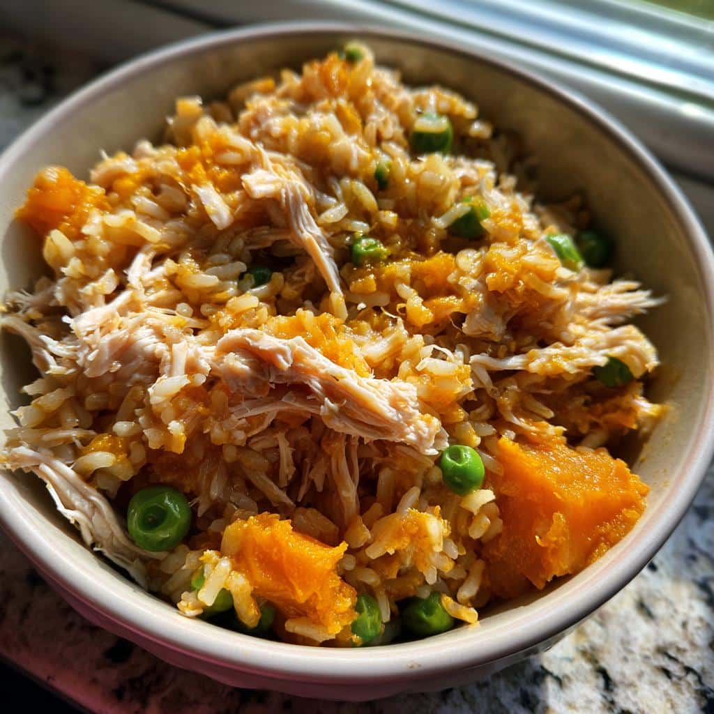 A bowl of Vet-Endorsed Pumpkin & Chicken Dog Food with rice, peas, and shredded chicken.