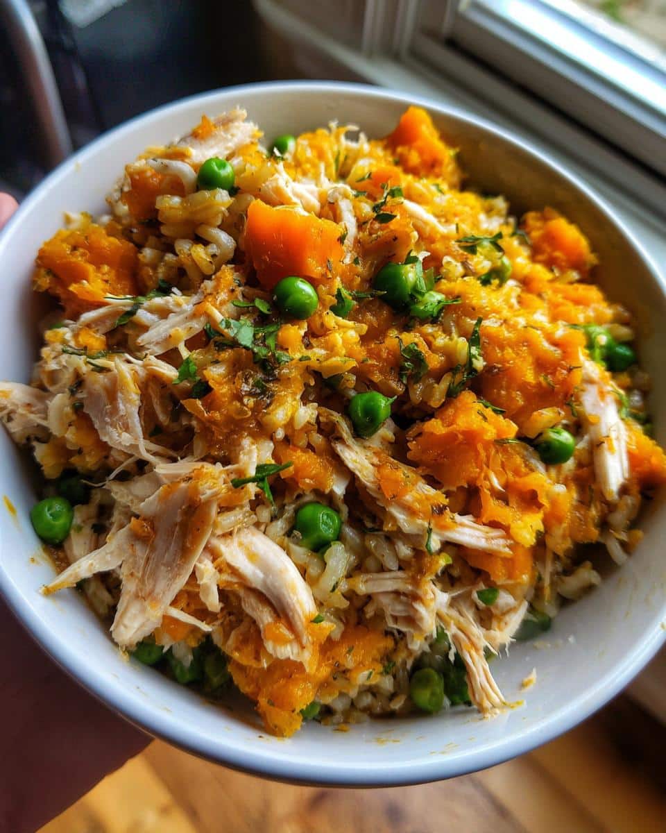 Bowl of vet-endorsed pumpkin & chicken dog food with rice, peas, and herbs, ready to serve.