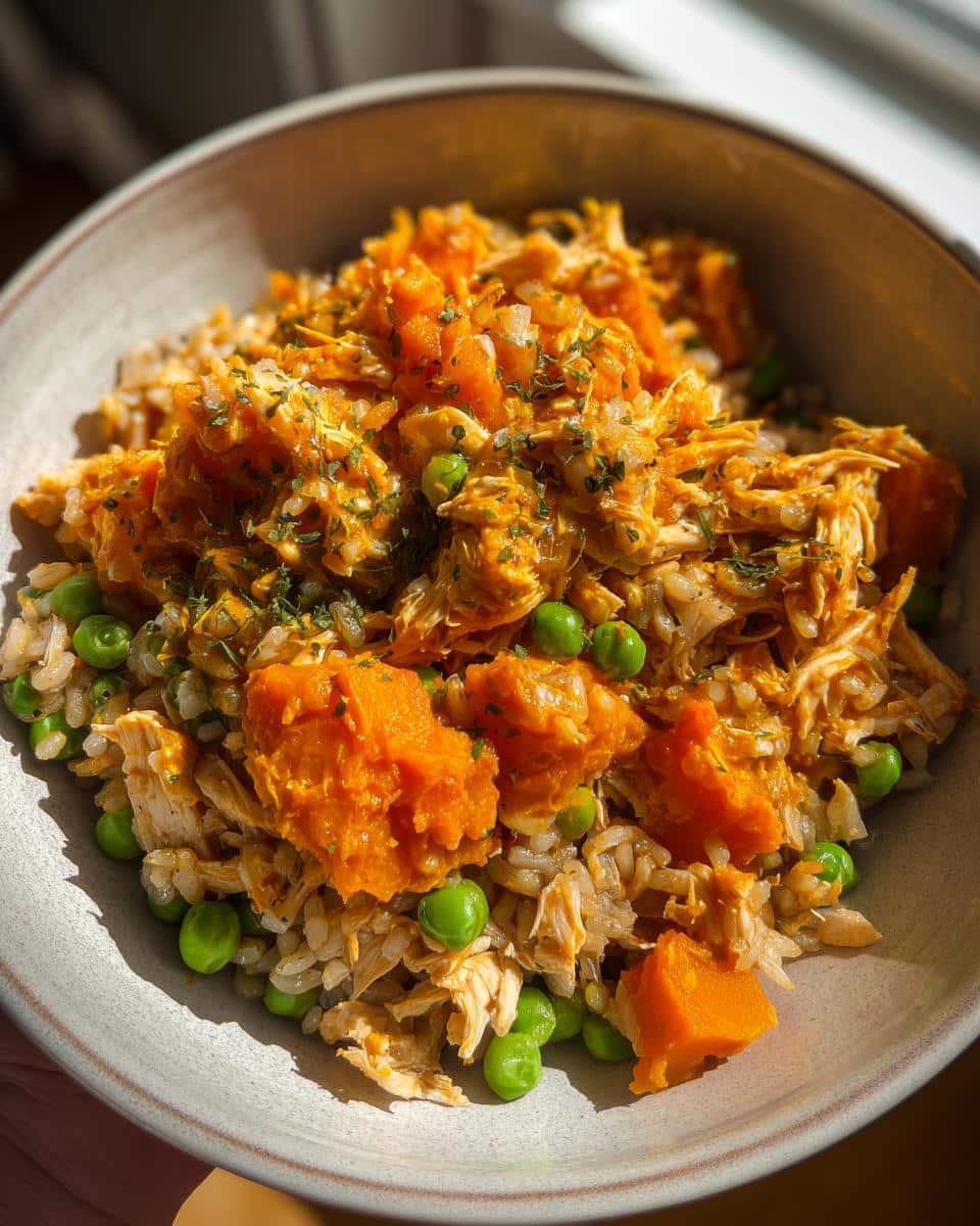 A bowl of Vet-Endorsed Pumpkin & Chicken Dog Food with rice, peas, and herbs.