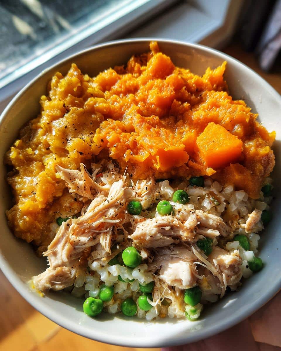 A bowl of Vet-Endorsed Pumpkin & Chicken Dog Food, featuring pumpkin, chicken, rice, and peas.
