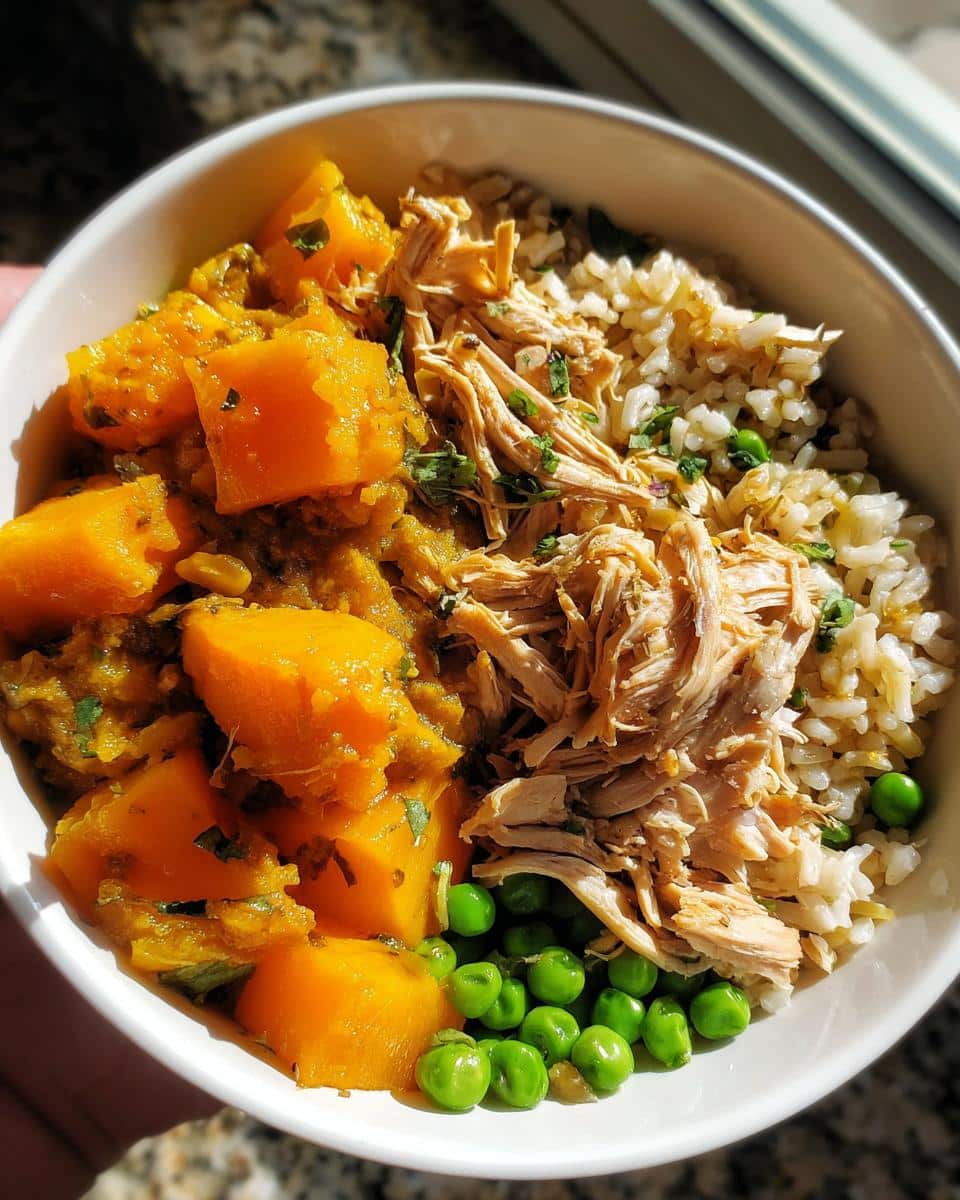 A bowl of Vet-Endorsed Pumpkin & Chicken Dog Food, featuring pumpkin, shredded chicken, rice, and peas.