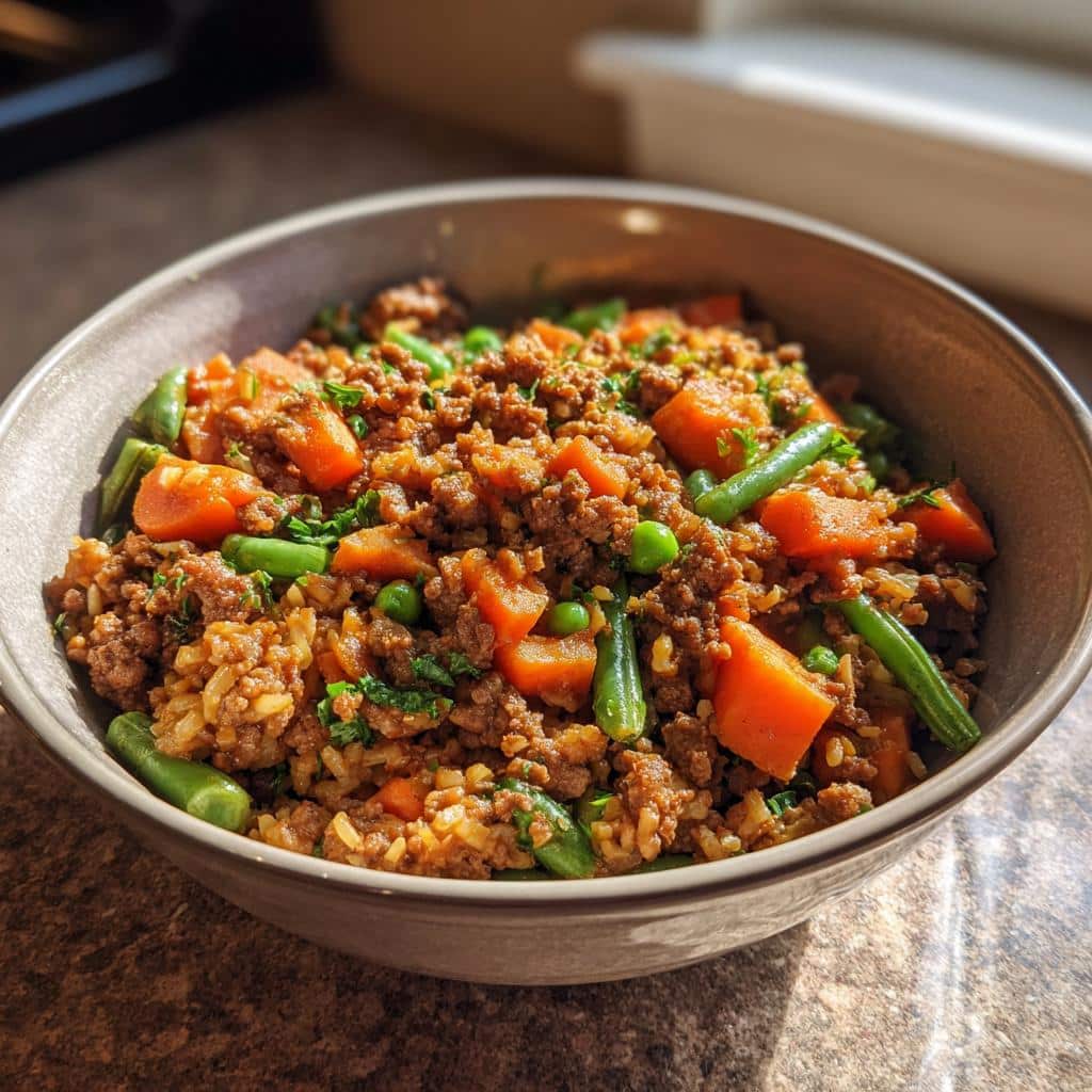 A bowl of vet-friendly beef & lentil dog food recipe with carrots, green beans, and peas.