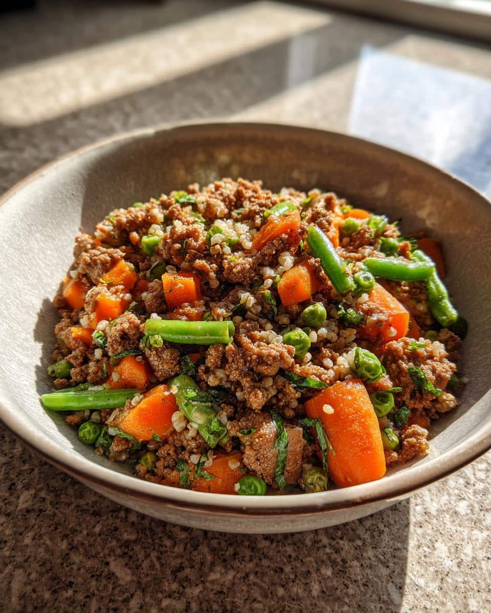 Bowl of Vet-Friendly Beef & Lentil Dog Food Recipe with carrots, peas, and green beans.