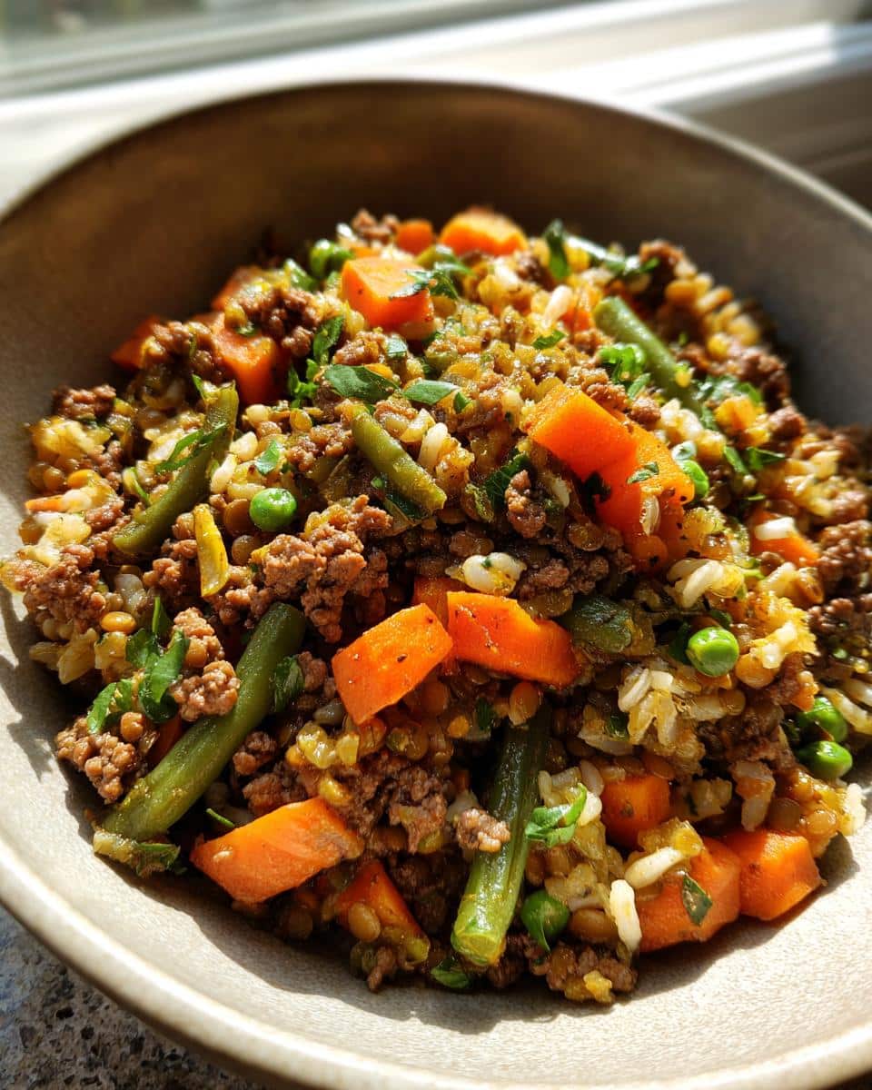 A bowl of homemade Vet-Friendly Beef & Lentil Dog Food Recipe with beef, lentils, carrots, and green beans.