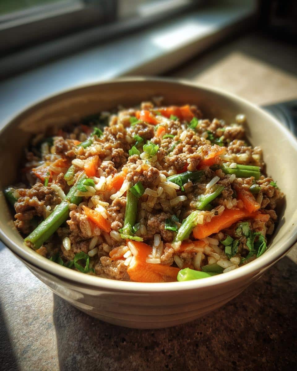 A bowl of homemade Vet-Friendly Beef & Lentil Dog Food Recipe, featuring beef, lentils, rice, carrots, and green beans.