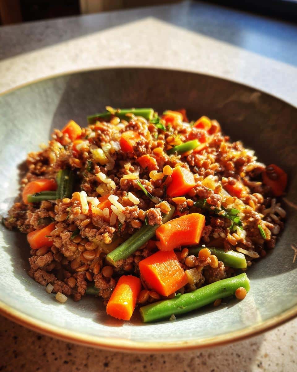A bowl of vet-friendly beef & lentil dog food with carrots and green beans.