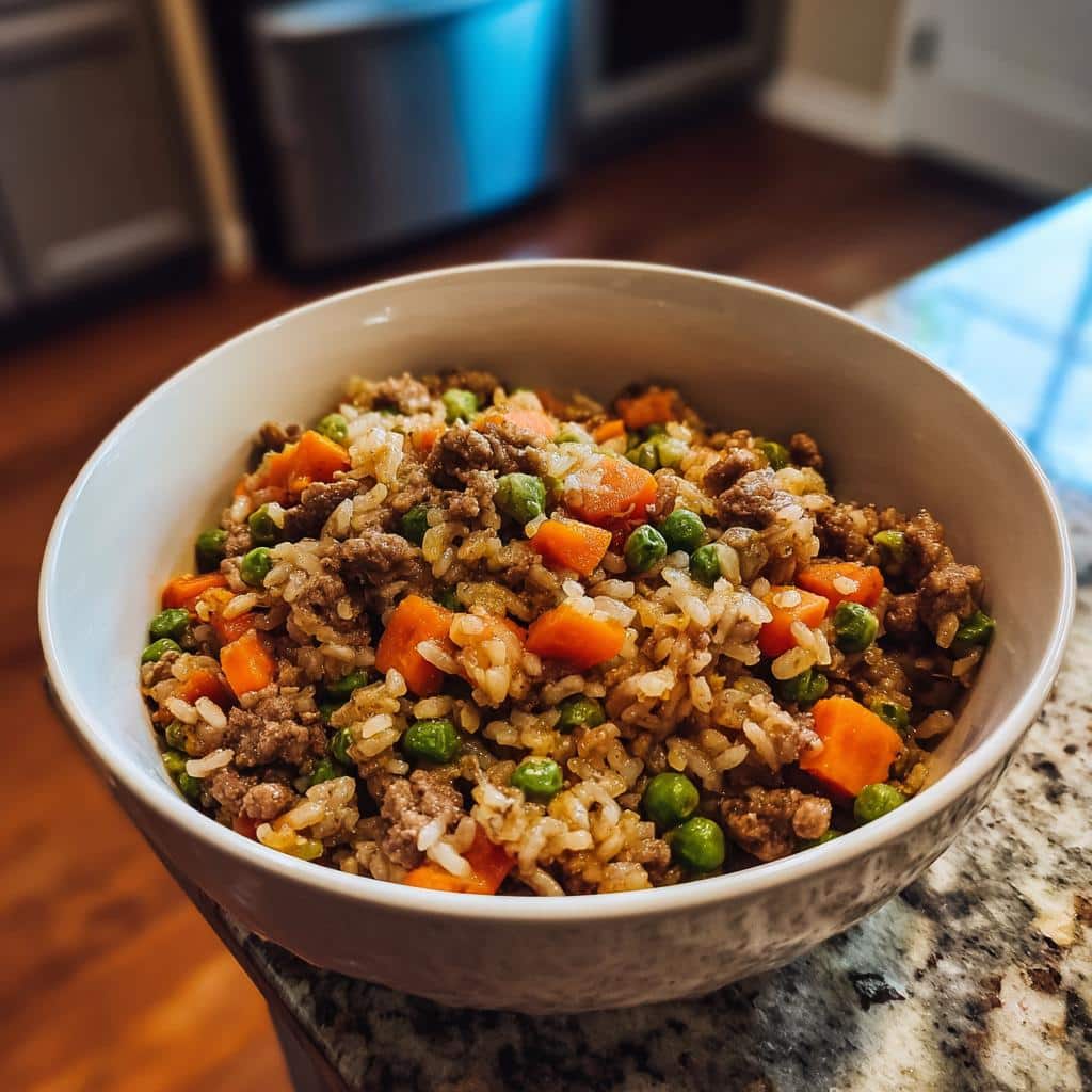 A bowl of Vet-Tested Ground Beef & Carrot Meal, featuring beef, carrots, peas, and rice.