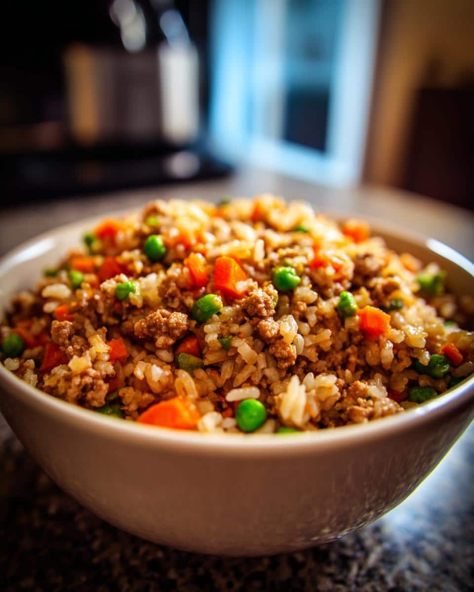 A bowl filled with vet-tested ground beef & carrot meal, featuring rice, peas, and diced carrots.