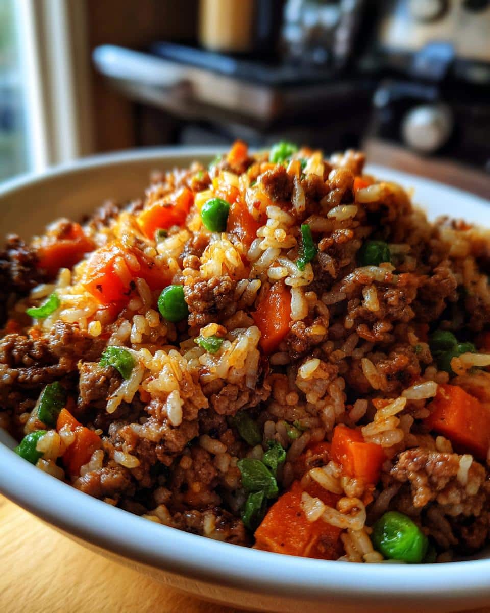 A bowl of vet-tested ground beef & carrot meal with rice, peas, and herbs, ready to serve.
